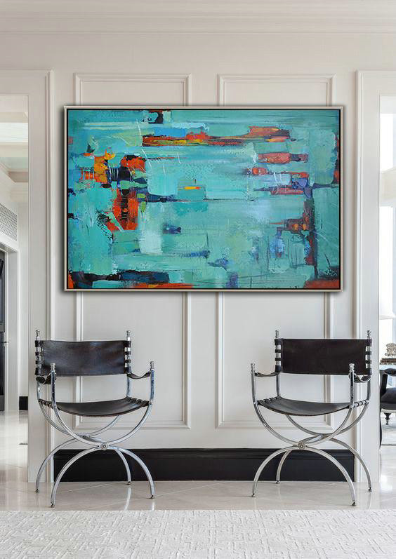 Original Art For Sale By Artist,Oversized Horizontal Contemporary Art,Acrylic Painting Wall Art,Lake Blue,Dark Blue ,Red.etc